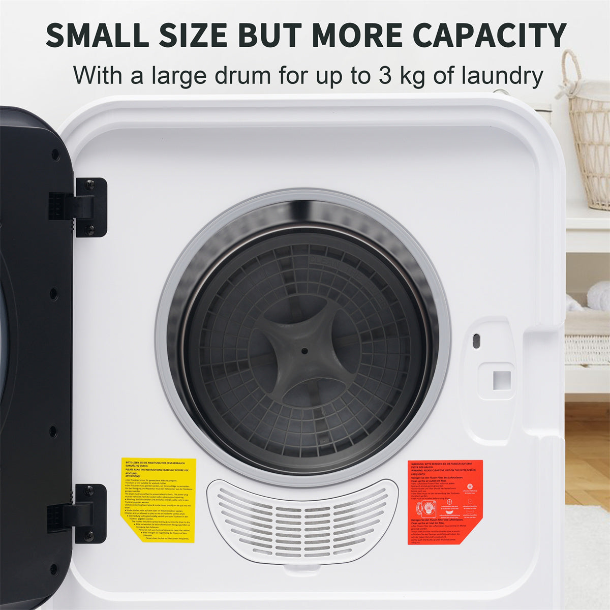 1.95cu.ft Clothes Dryer, 830W, Stainless Steel Tumbler, 5 Programs, Black Door P9387
