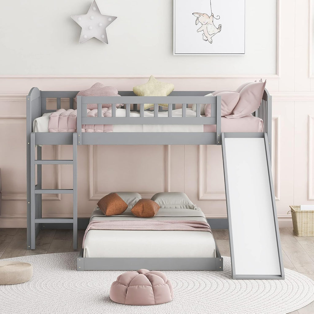 Twin Over Twin Bunk Beds with Slide and Staircase (White) X32468