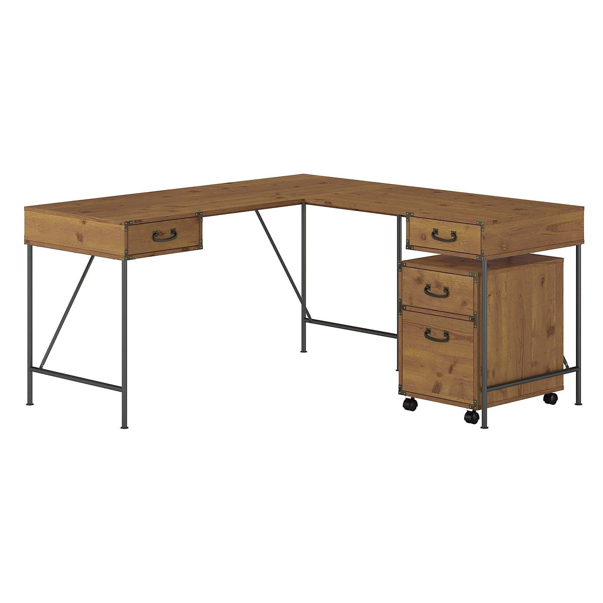 Vintage Golden Pine L Shaped Writing Desk with 2 Drawer Mobile File Cabinet G20095