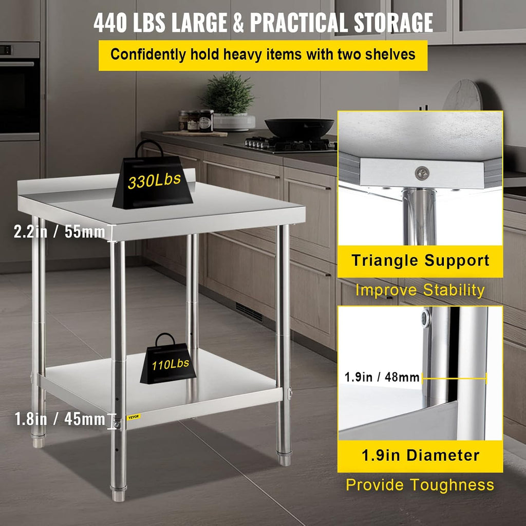 Stainless Steel Prep Table with Backsplash and Adjustable Undershelf V83254