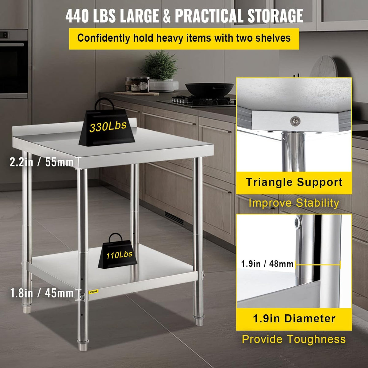 Stainless Steel Prep Table with Backsplash and Adjustable Undershelf V83254