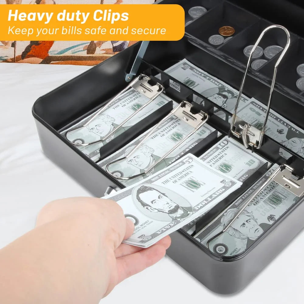 Metal Cash Box with Key Lock, 4 Bill / 5 Coin Slots, Matte Black Q3446