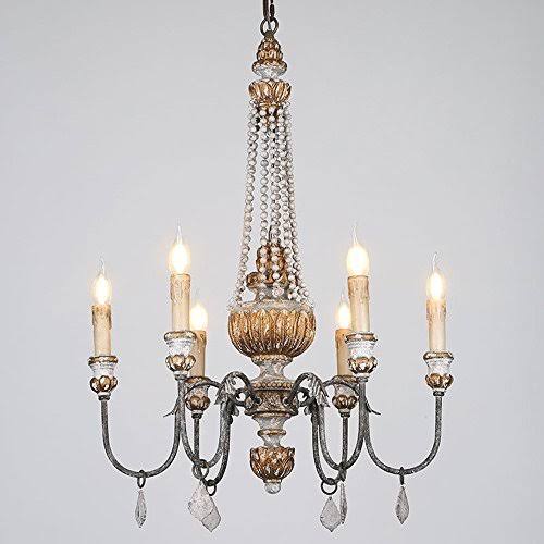 Retro Rustic 6-Light Wood Metal Crystal Chandelier U89907