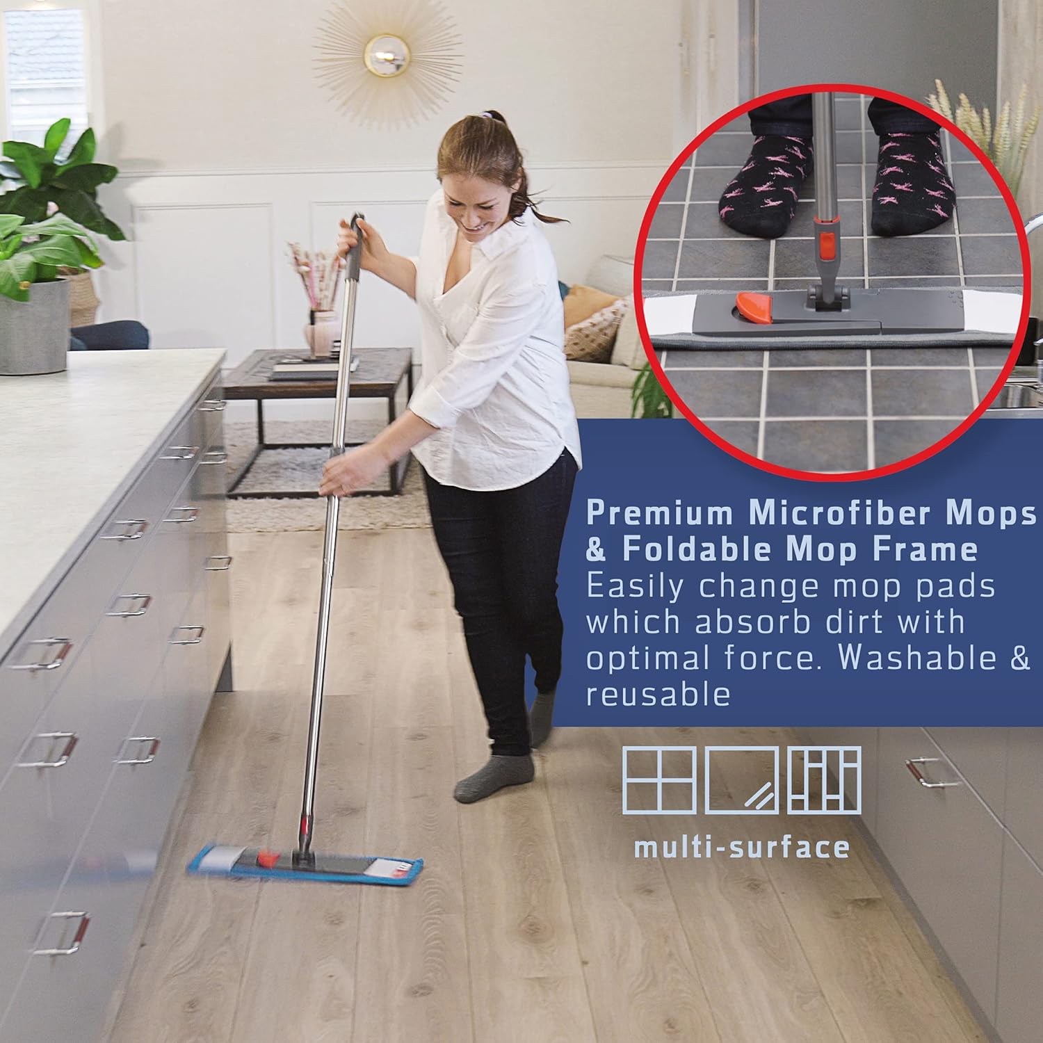 Wet Flat Floor Mop, Rubber Brush, Microfiber Duster, Window Cleaner with Squeegee, 2 Microfiber Cloths, 2 Dish Sponges, Pack of 2 E658180