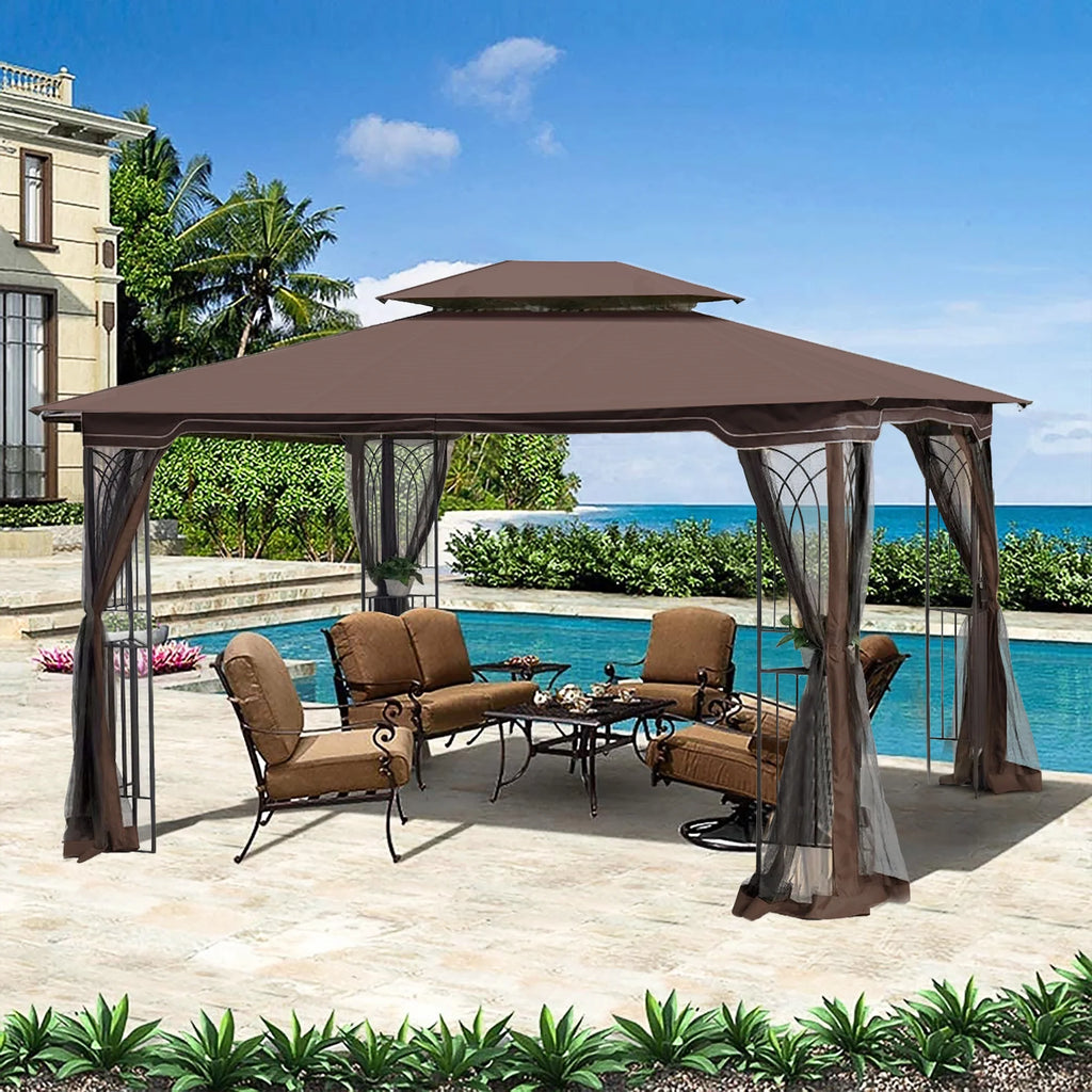 Brown Outdoor Patio Gazebo Canopy Tent with Ventilated Double Roof and Mosquito Net F844
