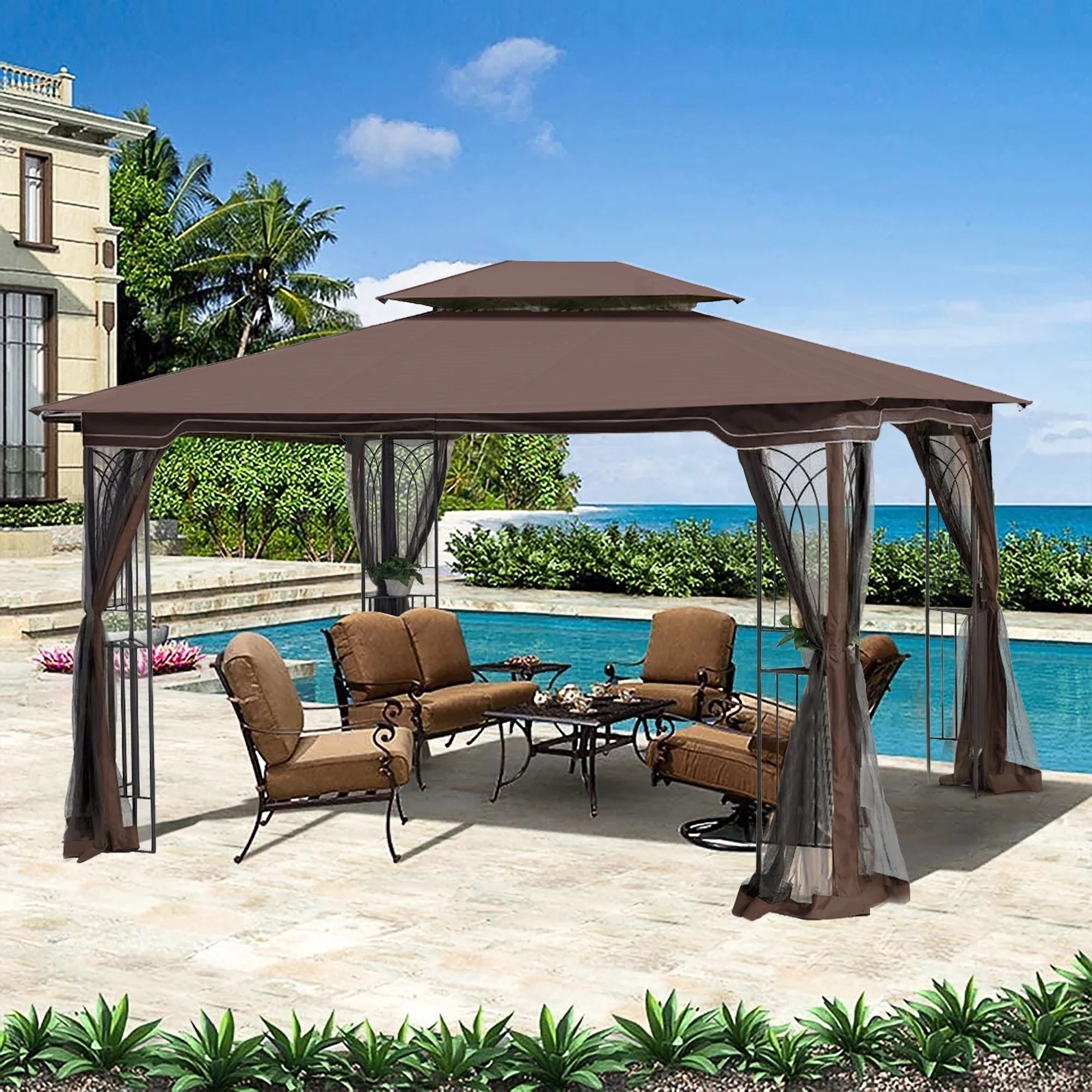 Brown Outdoor Patio Gazebo Canopy Tent with Ventilated Double Roof and Mosquito Net F844