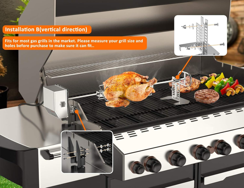 Stainless Steel Rotisserie Kit with 6 Watt 110V Electric Motor for Gas Grills, 28 × 0.35 Inch Hexagon Spit Rod Pack of 2 H788168