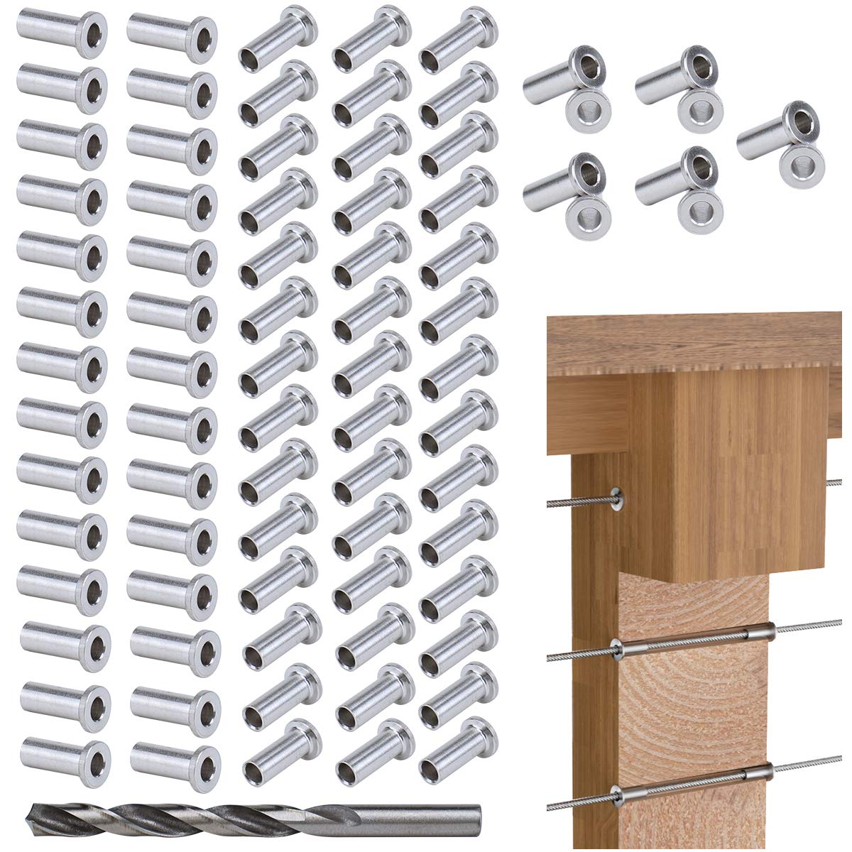 80Pack Cable Railing Kit for 1/8 5/32 3/16 Wire Rope Wood Posts T316 Stainless Steel Y18690