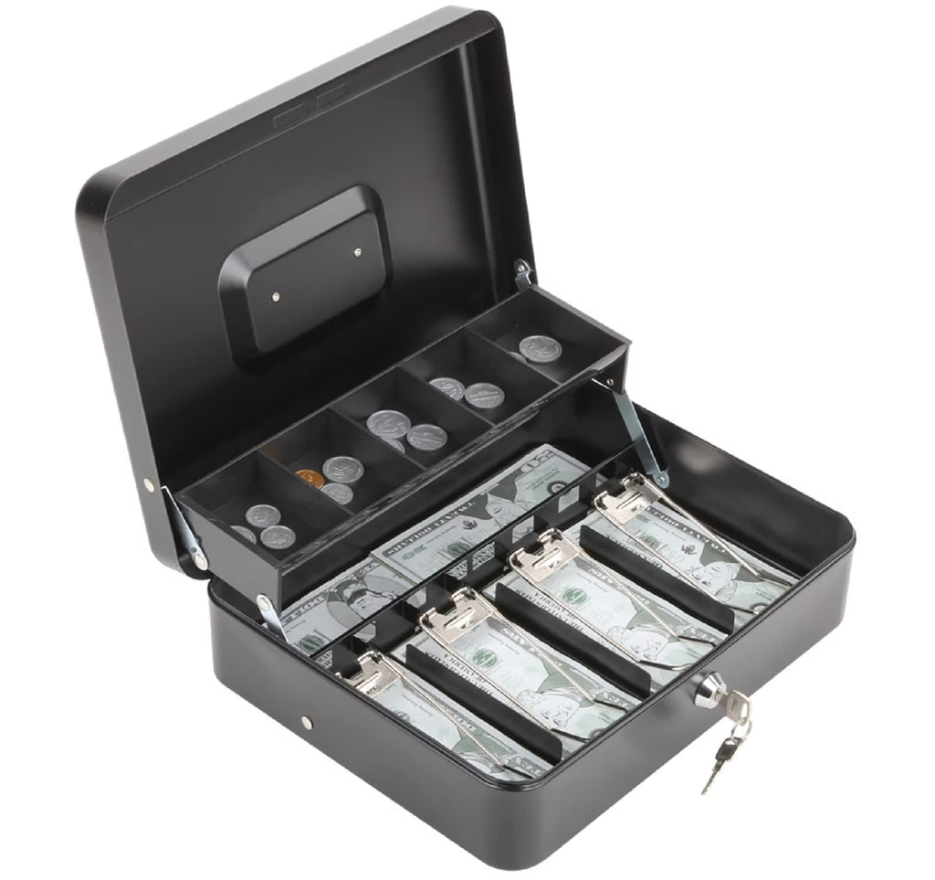 Metal Cash Box with Key Lock, 4 Bill / 5 Coin Slots, Matte Black Q3446