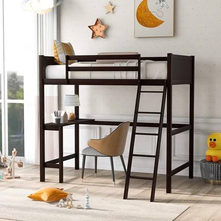 Twin Wooden Loft Bed with Desk and Ladder V54273