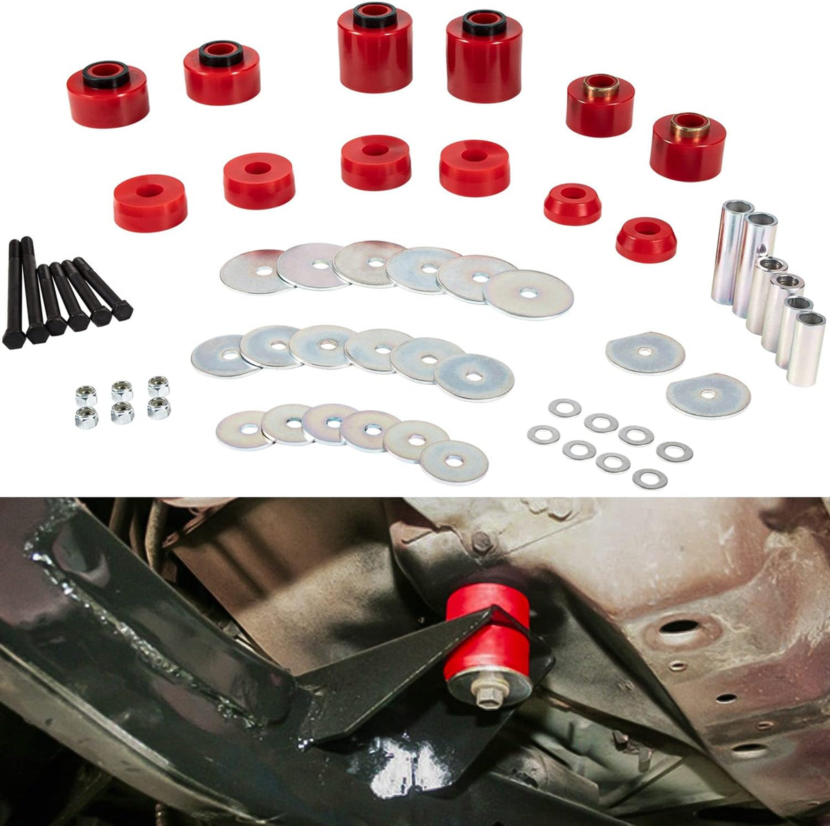 Black Polyurethane Body Mount Bushing Kit with Steel Sleeves & Hardware 60PCS I93802