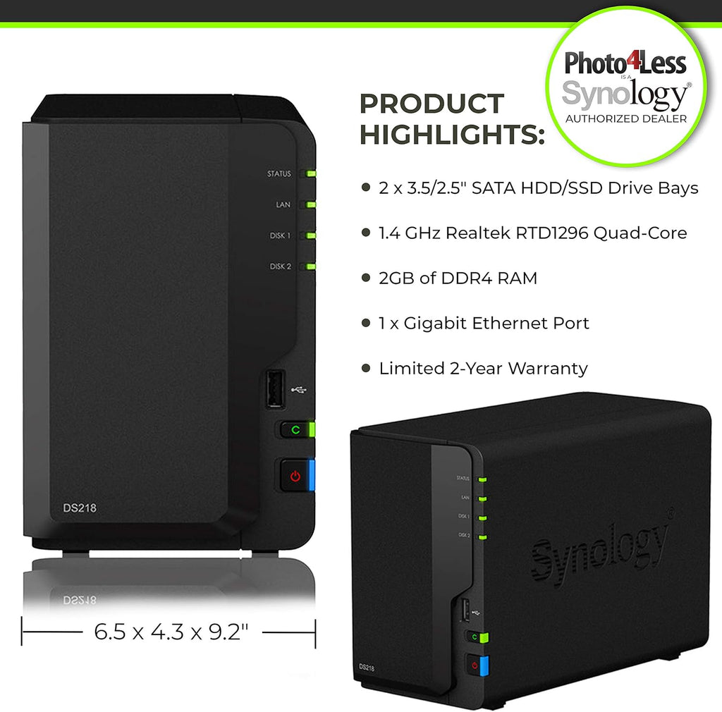 2 Bay NAS DiskStation DS218 Diskless + 2 WD Red Pro 4TB Hard Drives 7200 Class Y81358