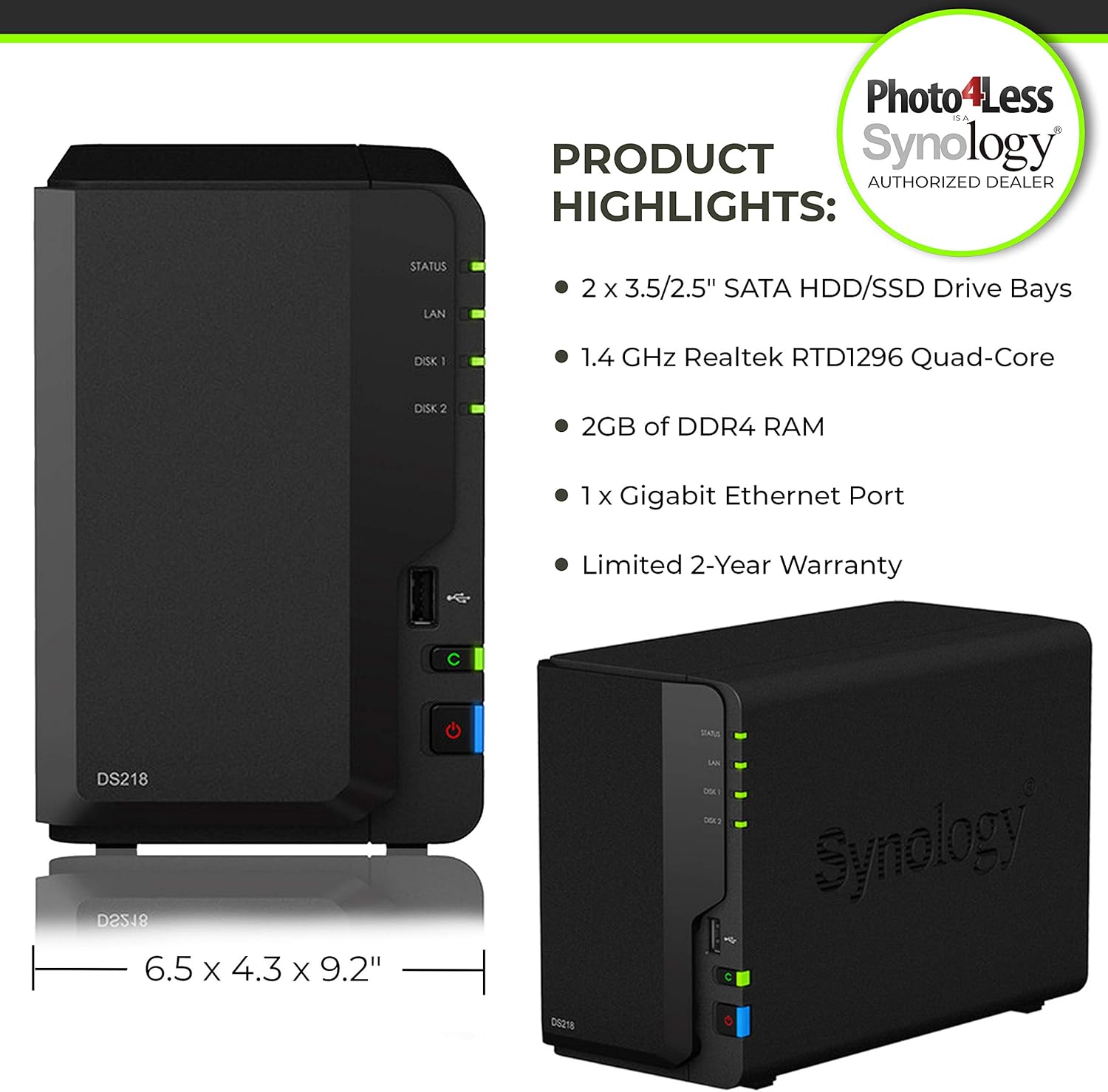 2 Bay NAS DiskStation DS218 Diskless + 2 WD Red Pro 4TB Hard Drives 7200 Class Y81358