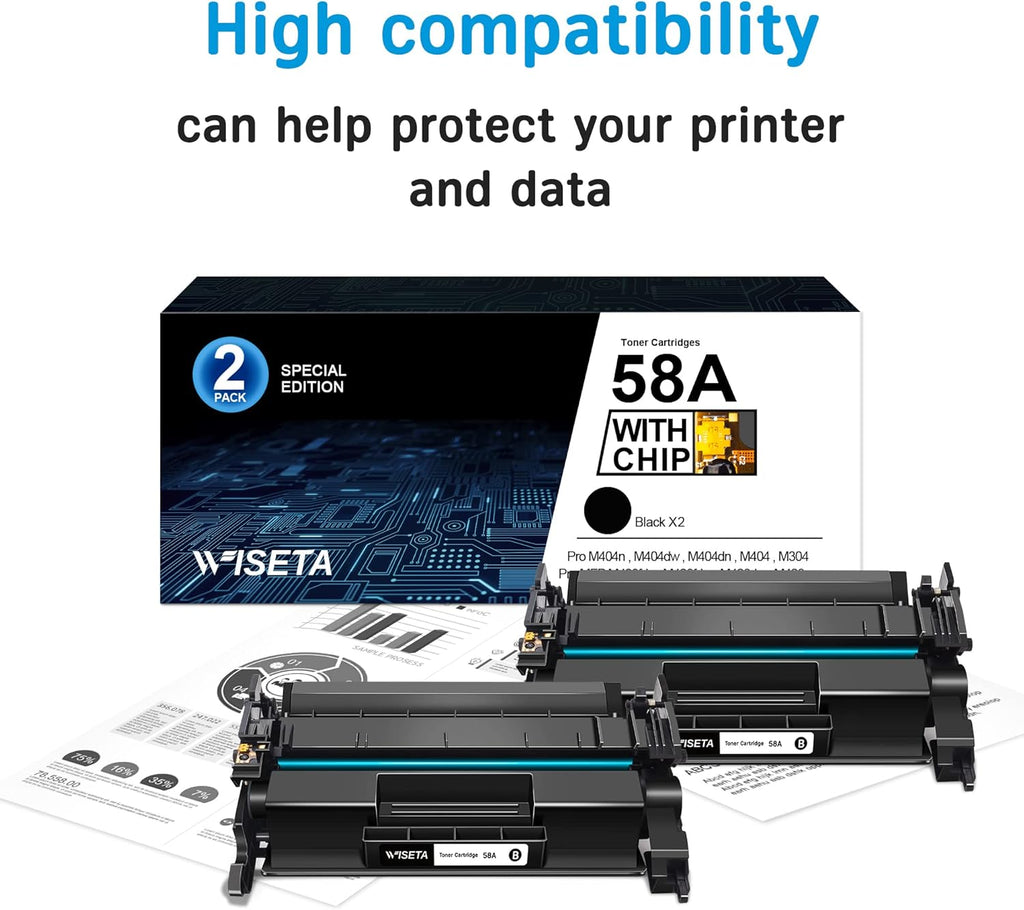 2 Black Compatible Toner Cartridge with Chip for HP 58A CF258A T880502