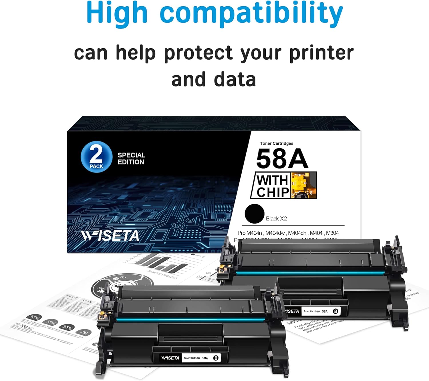 2 Black Compatible Toner Cartridge with Chip for HP 58A CF258A T880502