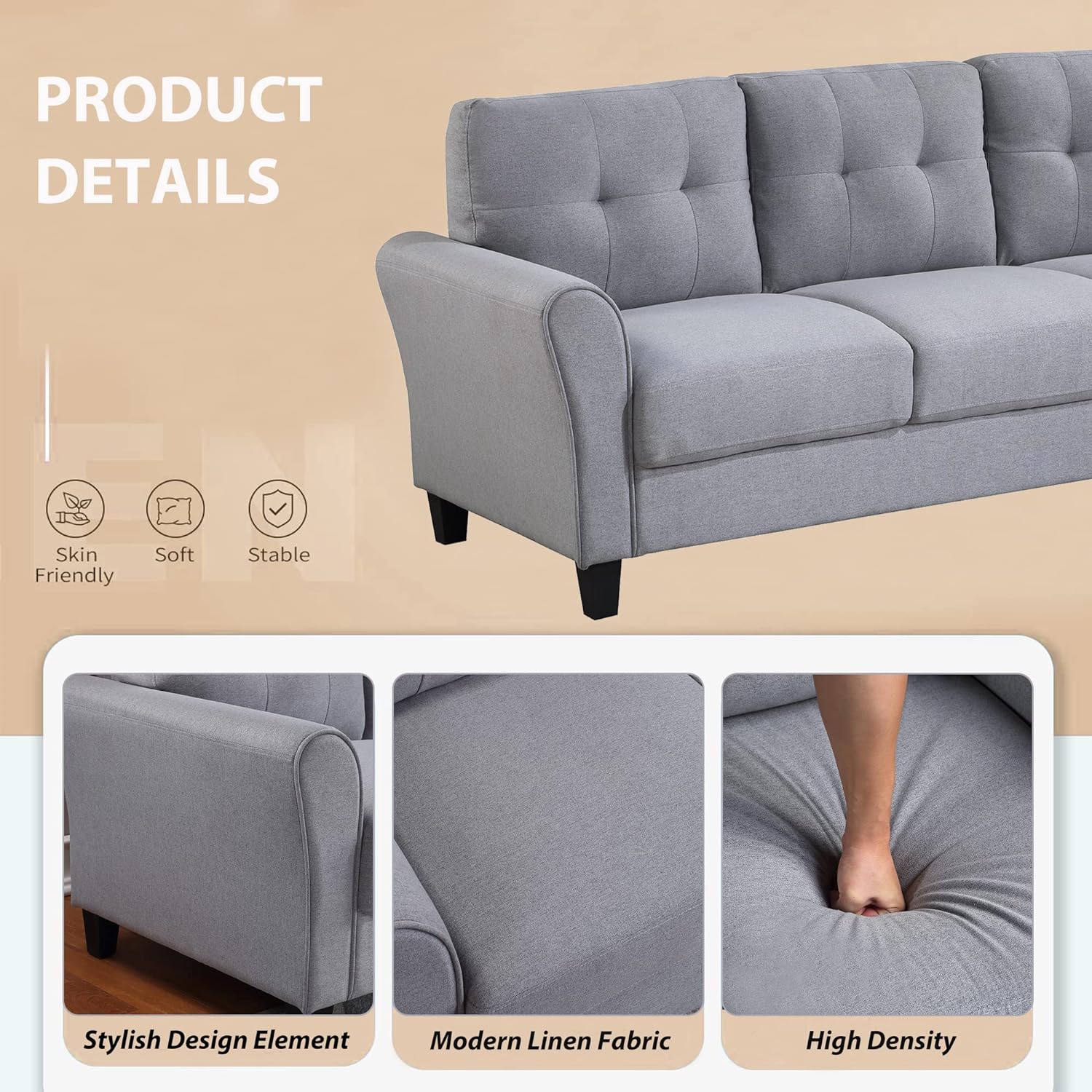 Light Grey-Blue 3-Seat Upholstered Sectional Sofa Set Y77396