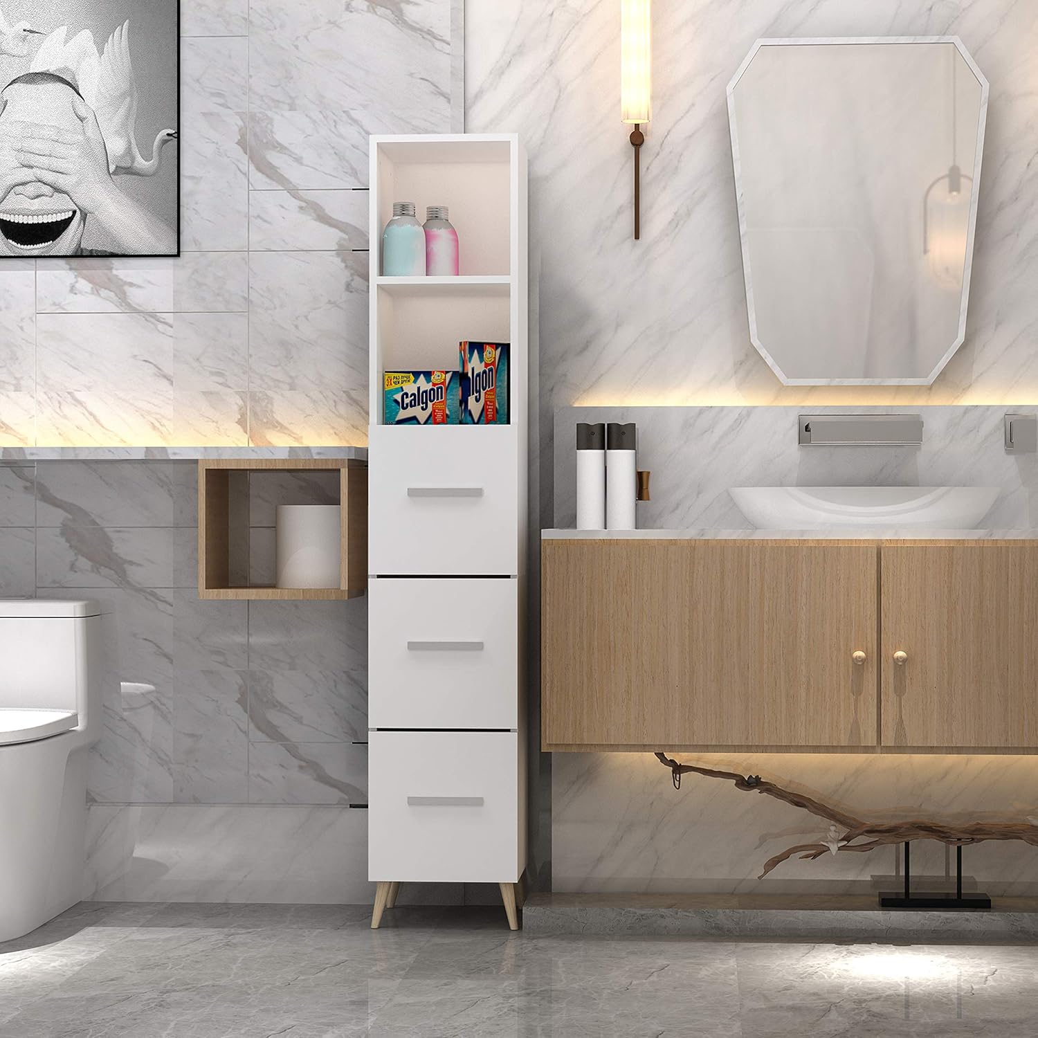 Ivory White Freestanding Storage Cabinet with 2 Open Shelves and Cupboard X41360