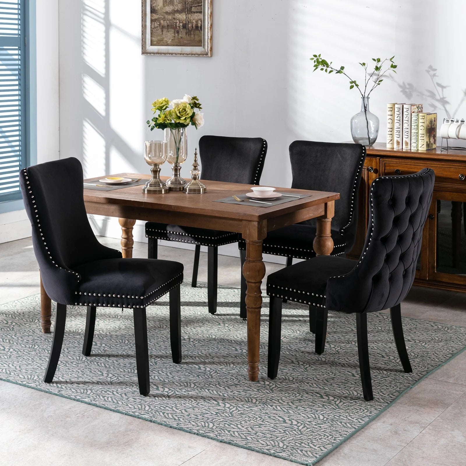 Black Velvet Upholstered Dining Chairs Set of 2 Solid Wood Wing Back Accent Chairs C7120