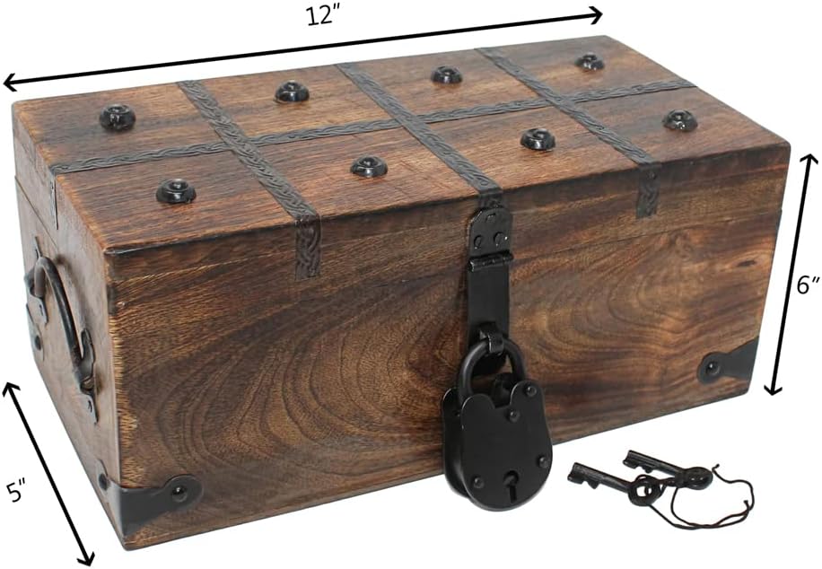 Treasure Chest Wooden Box with Antique Iron Lock and Skeleton Key, Medium 12.25 x 6 x 5.5, Pack of 2 I563