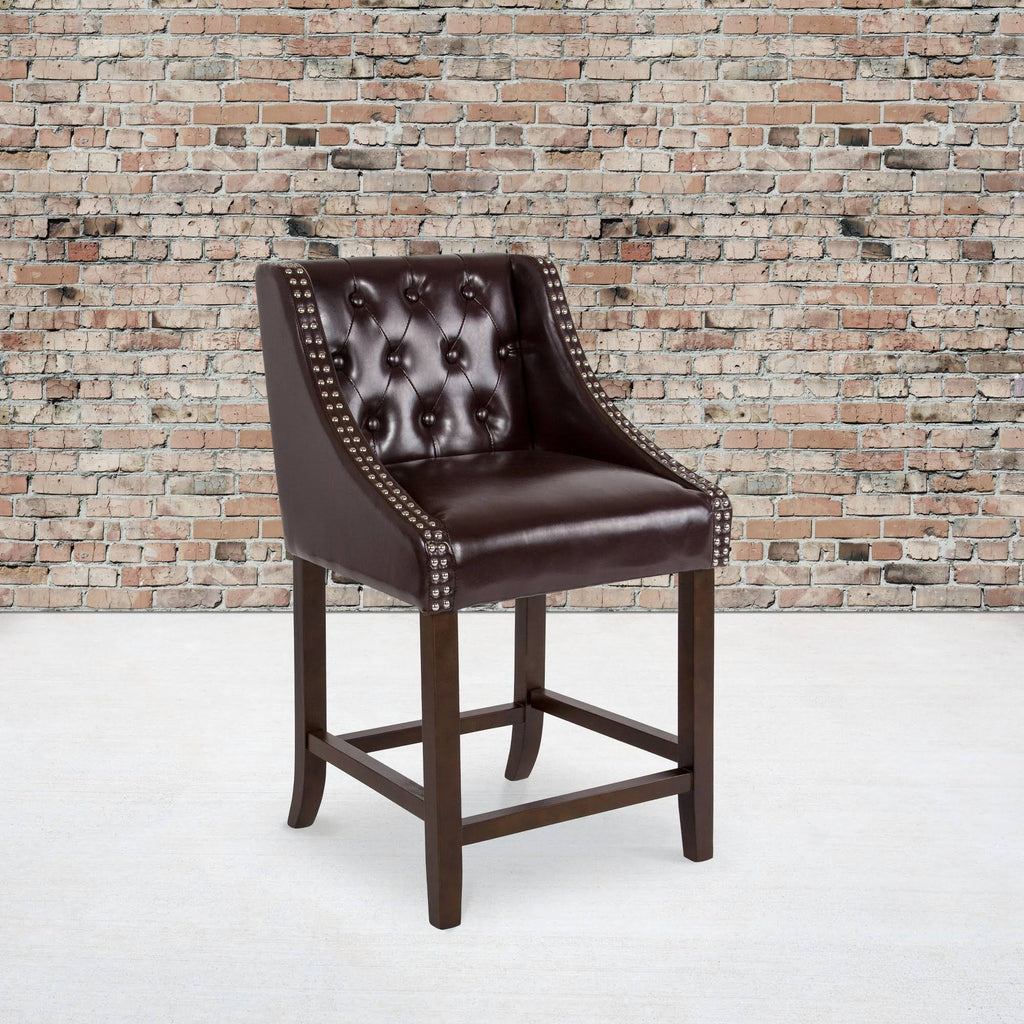 Tufted Walnut Counter Height Stool in Brown LeatherSoft M995696