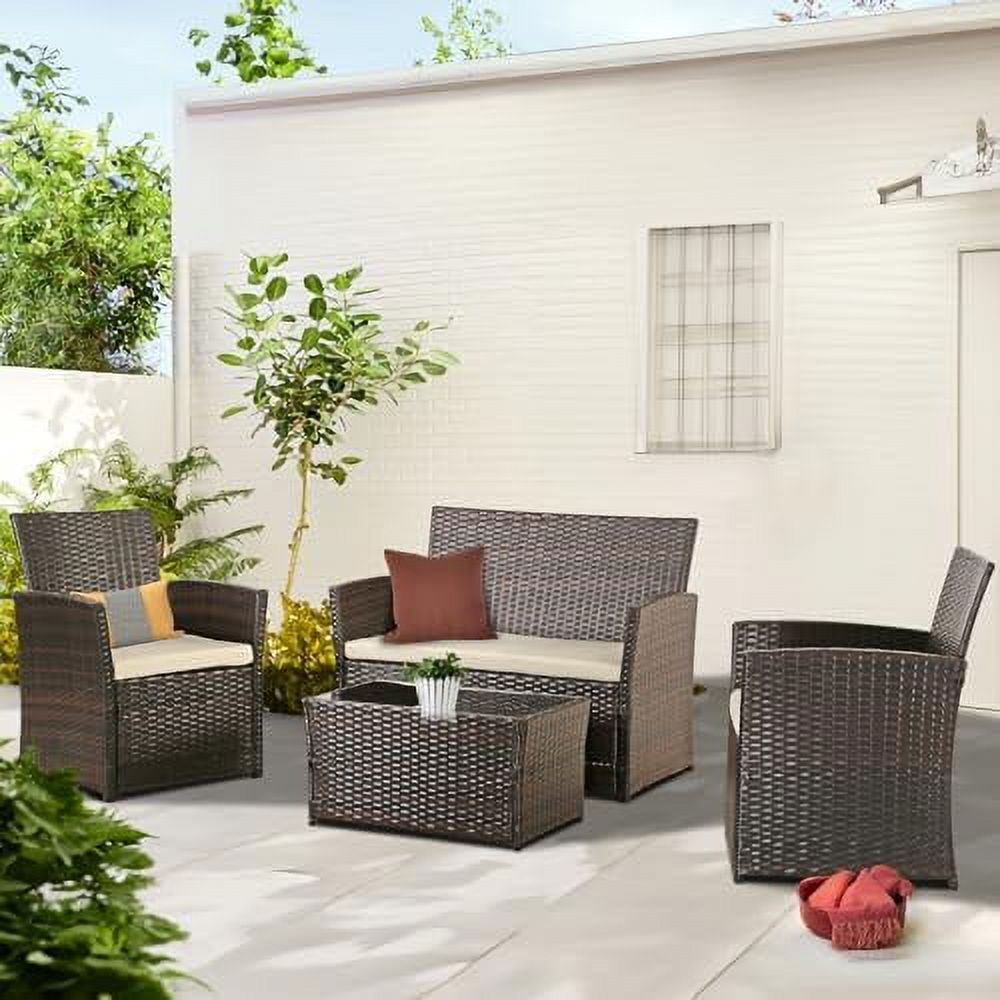 4 Pieces Sectional Sofa Set with Table and Loveseat, Brown Wicker H107