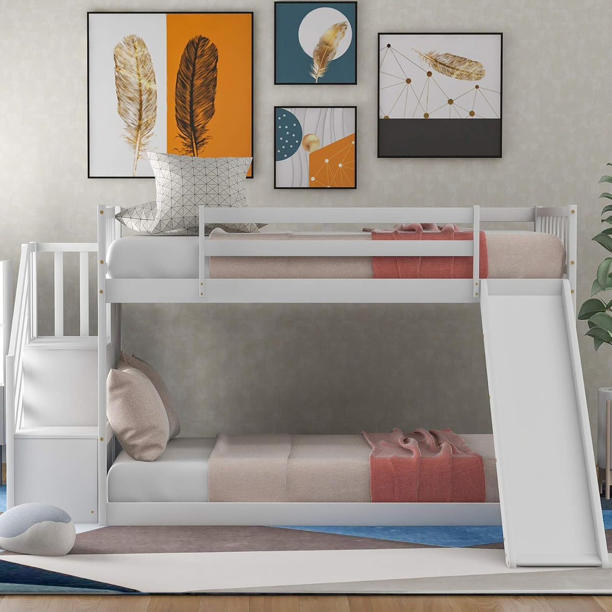 Twin Over Twin Bunk Beds with Slide and Staircase (White) X32468