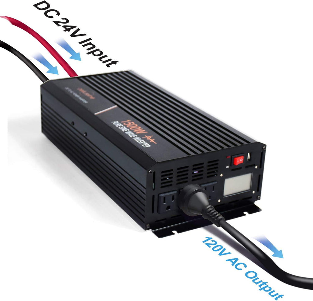 1500 Watt Pure Sine Wave Power Inverter 24V DC to AC 110V 120V with LCD Display and Remote Switch K266