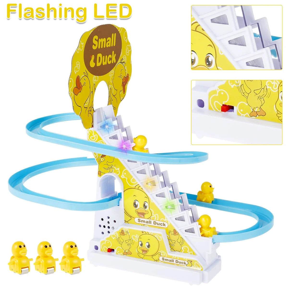 Slide Toy Set with Lights and Music Stair-Climbing Ducklings Track Set Automatic Duck Roller Coaster Toy Electric Duck Escalator Toy with 9pcs Duck Toy G360