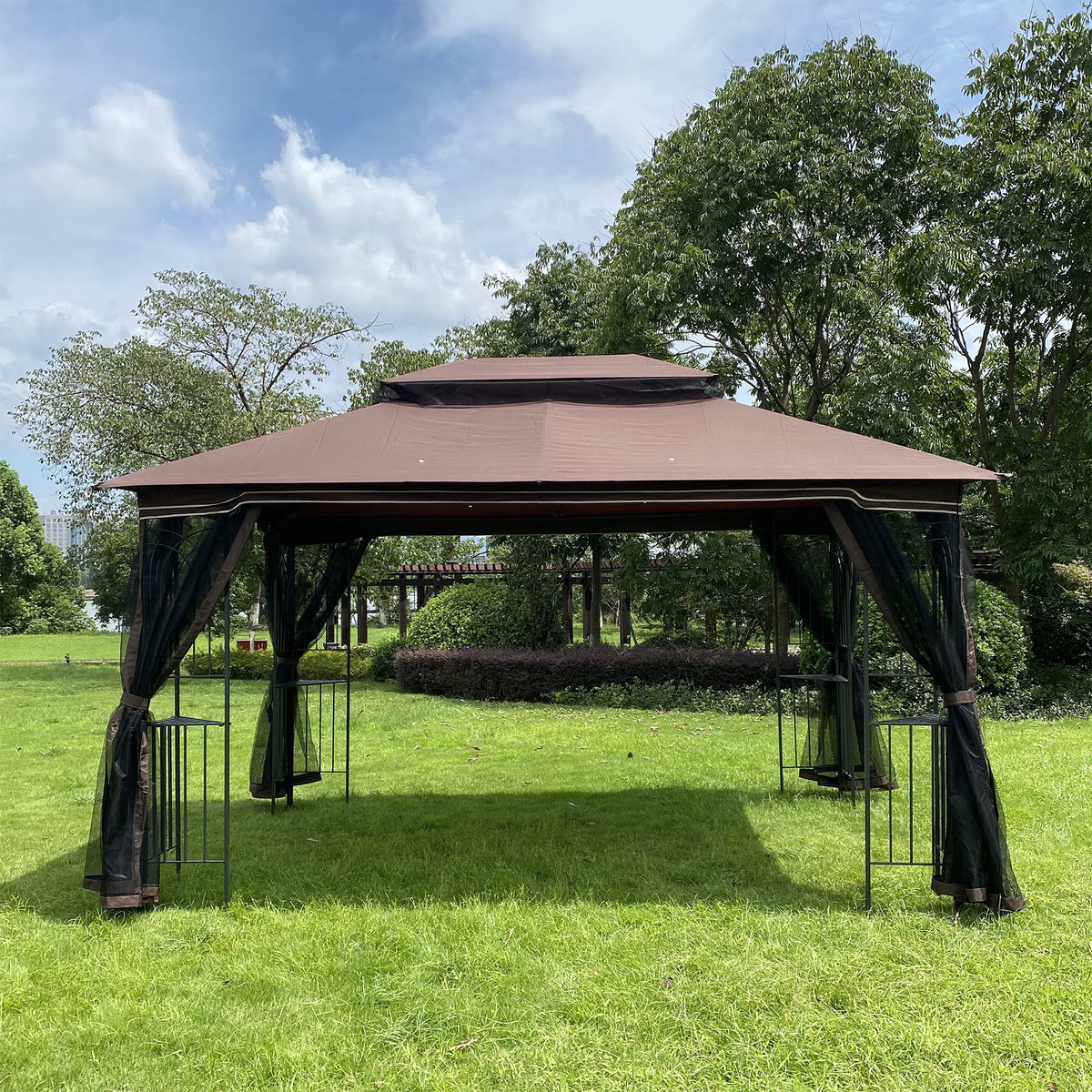 Brown Outdoor Patio Gazebo Canopy Tent with Ventilated Double Roof and Mosquito Net F844