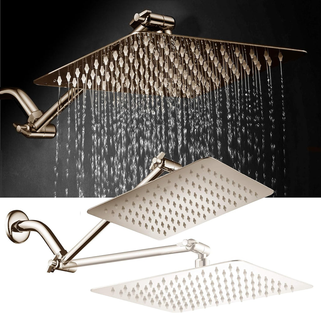 Brushed Nickel Stainless Steel Rainfall Square Showerhead with Brass Extension Arm, Pack of 2 G5376
