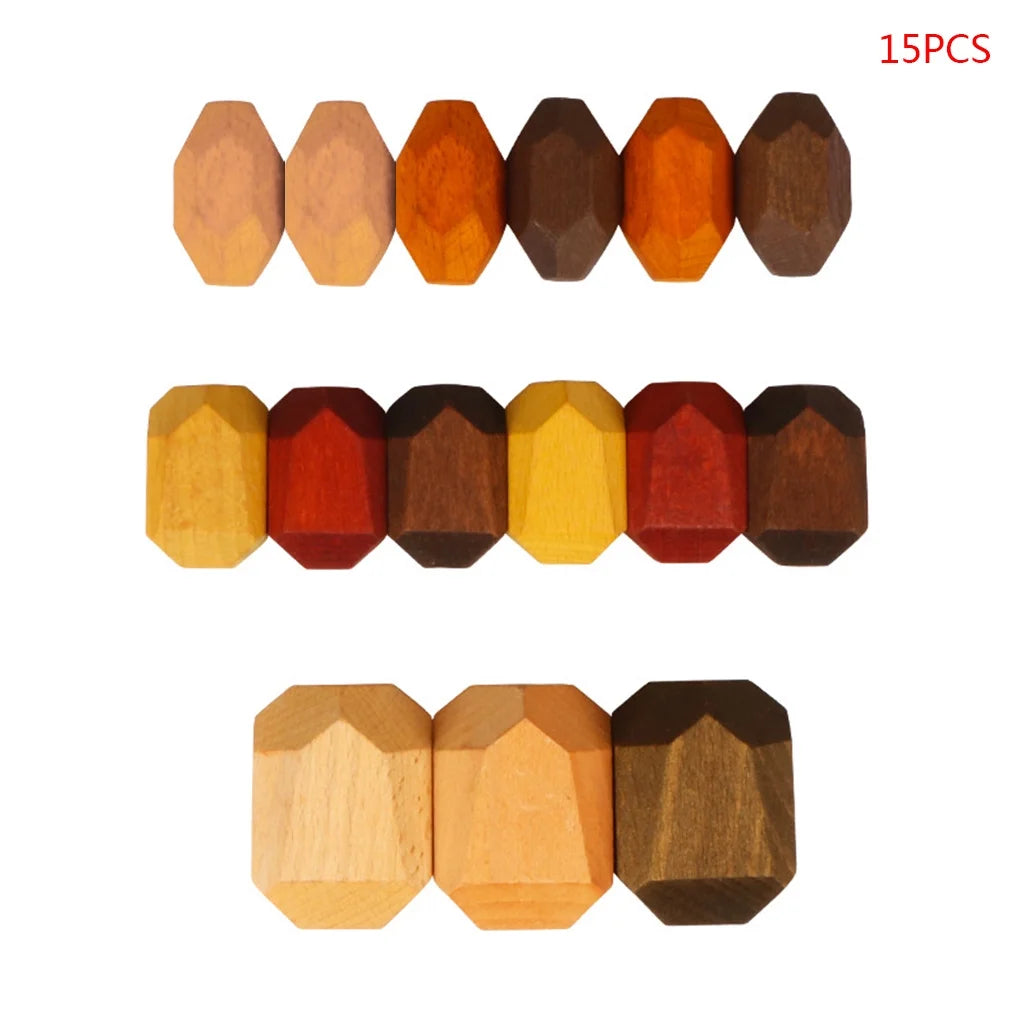 15 Pcs Wooden Colored Stone Stacking Game Building Block F460457