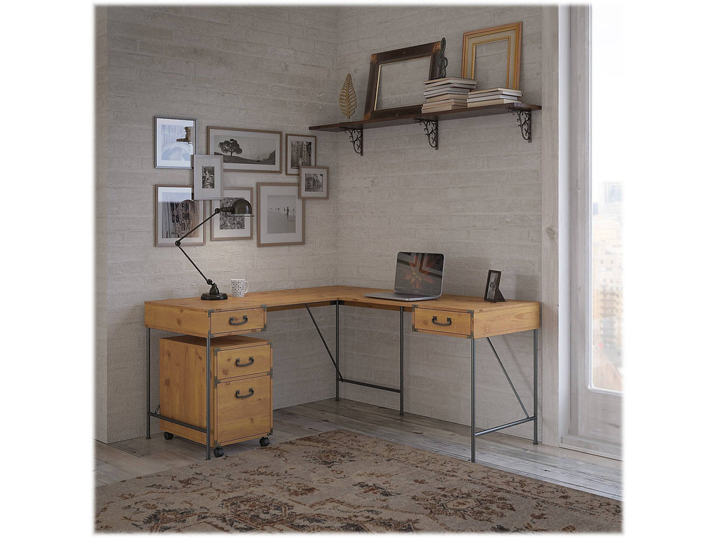 Vintage Golden Pine L Shaped Writing Desk with 2 Drawer Mobile File Cabinet G20095