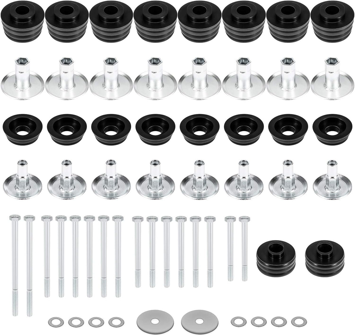 Black Polyurethane Body Mount Bushing Kit with Steel Sleeves & Hardware 60PCS I93802