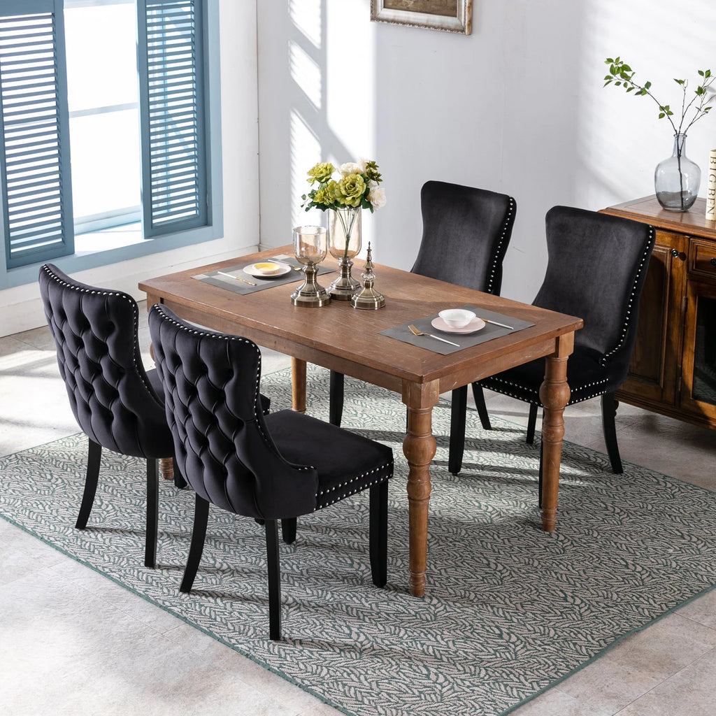 Black Velvet Upholstered Dining Chairs Set of 2 Solid Wood Wing Back Accent Chairs C7120