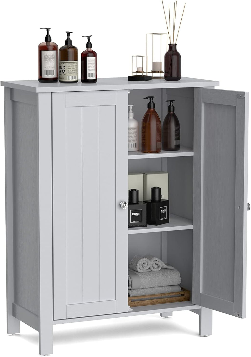 Grey Wooden Bathroom Floor Cabinet with 3-Tier Adjustable Shelf and Double Doors B5294