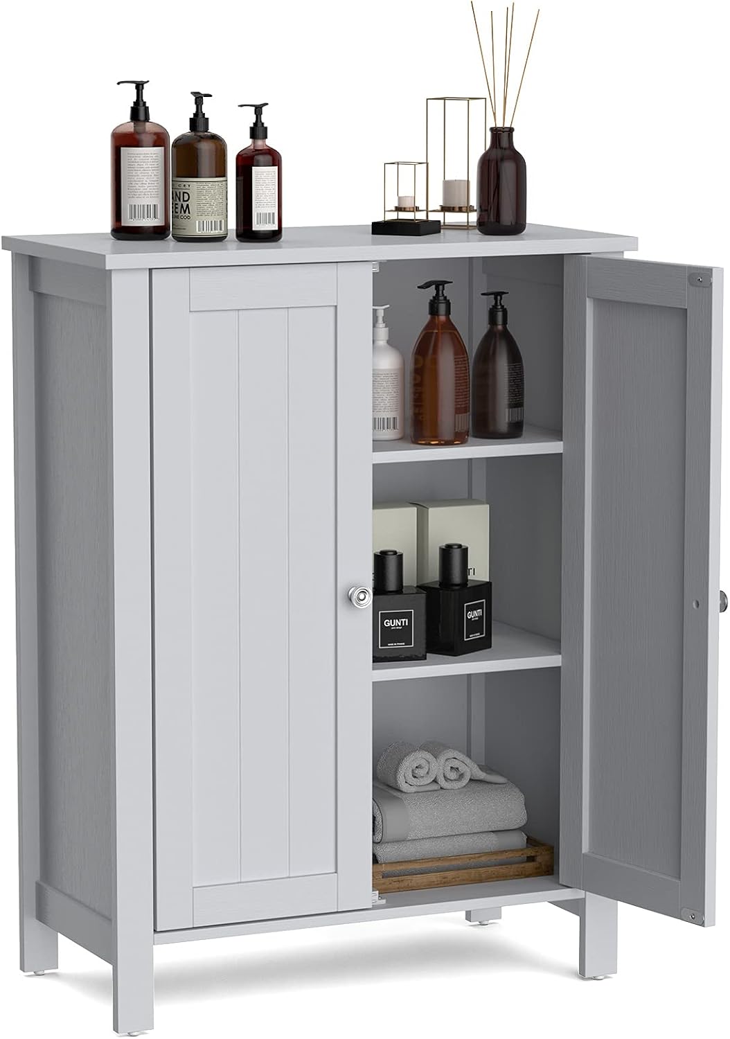 Grey Wooden Bathroom Floor Cabinet with 3-Tier Adjustable Shelf and Double Doors B5294