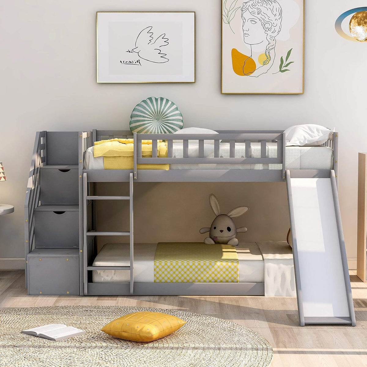Twin Over Twin Bunk Beds with Slide and Staircase (White) X32468