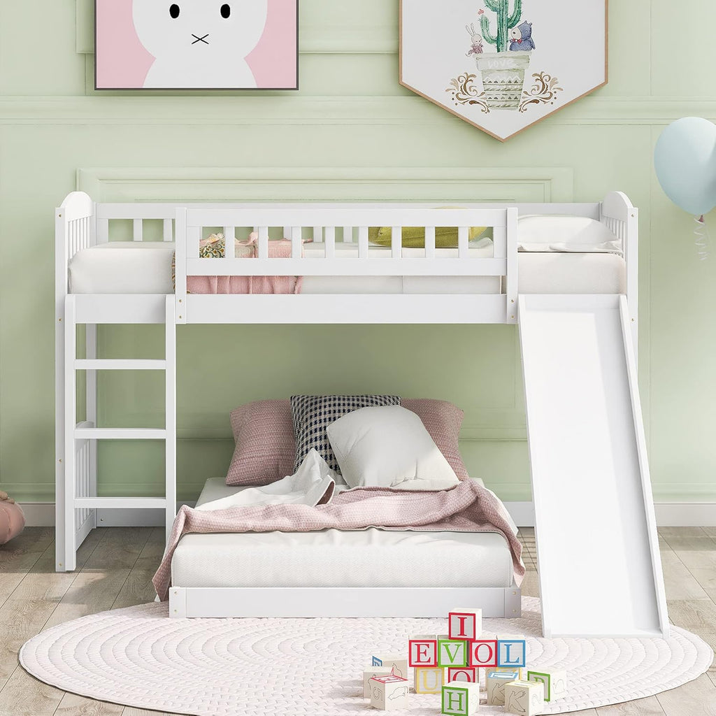 Twin Over Twin Bunk Beds with Slide and Staircase (White) X32468