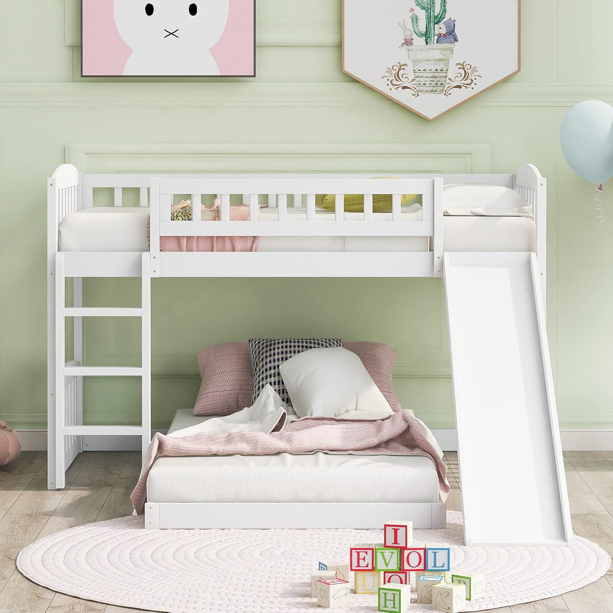 Twin Over Twin Bunk Beds with Slide and Staircase (White) X32468