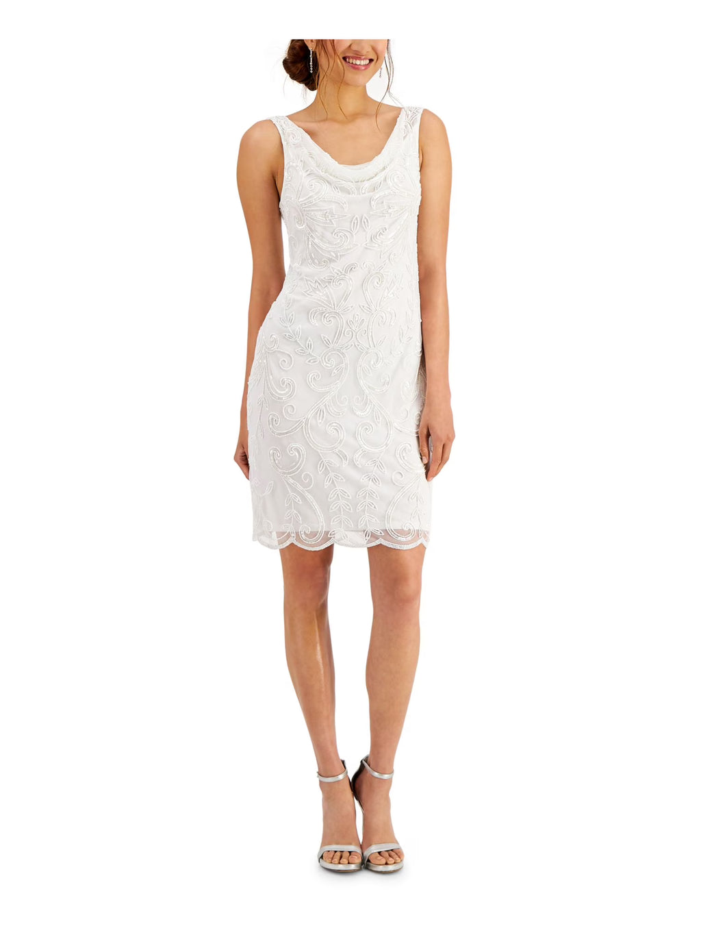 White Beaded Sheer Sleeveless Party Sheath Dress 18 Y899