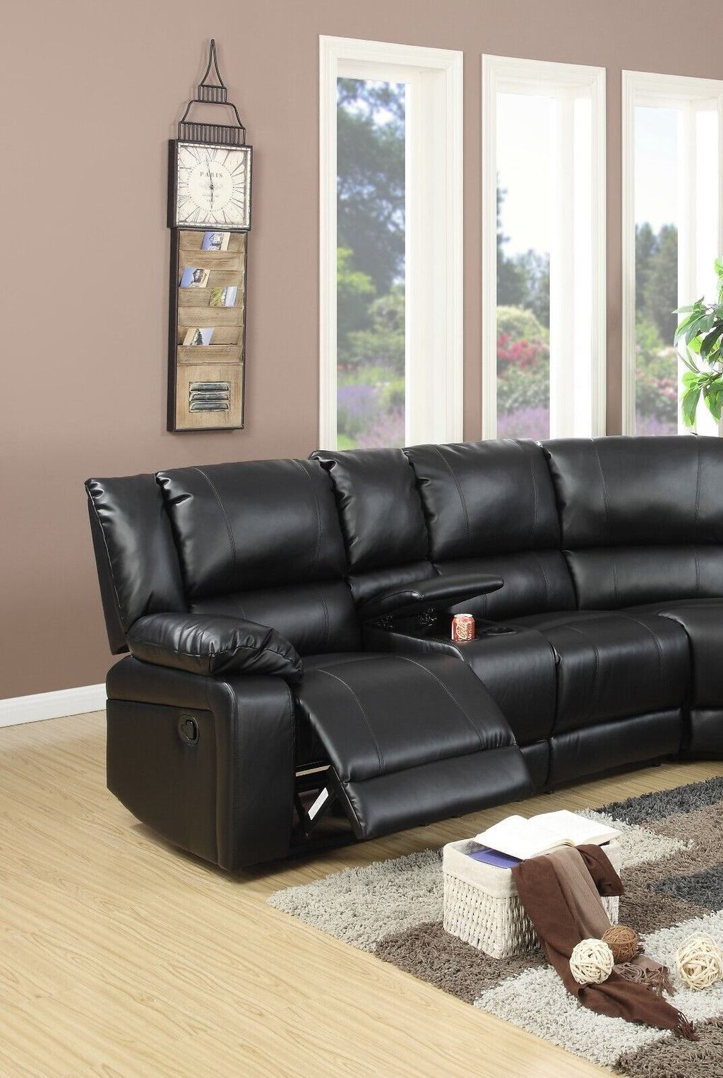 Black Bonded Leather Sectional Sofa with Cup Holder X197251