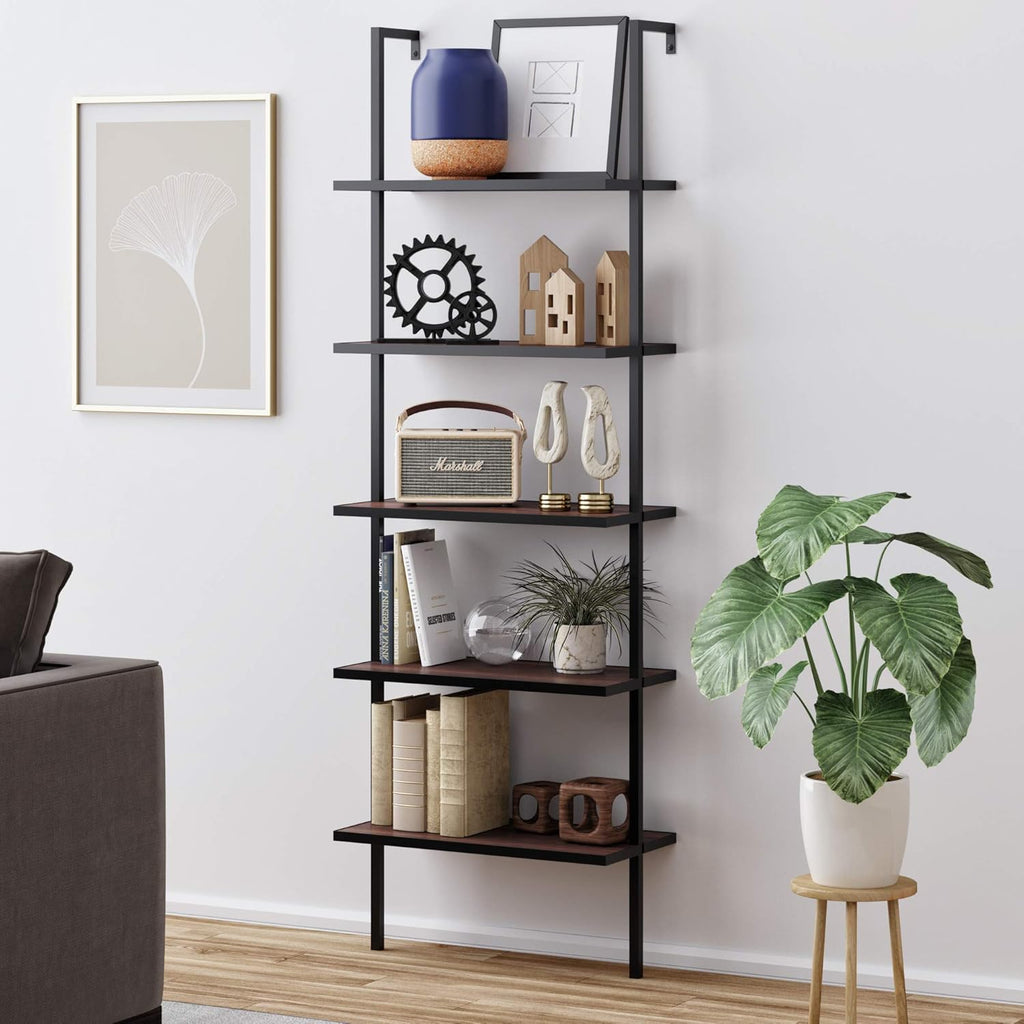 White/Gold 5-Shelf Ladder Bookcase with Metal Frame C655