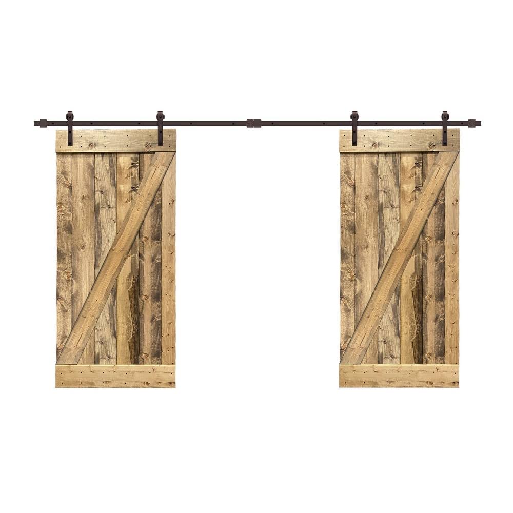 Red Walnut Stained Solid Pine Wood Interior Double Sliding Barn Door with Hardware Kit D13793