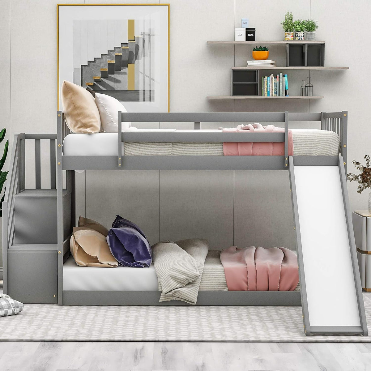 Twin Over Twin Bunk Beds with Slide and Staircase (White) X32468