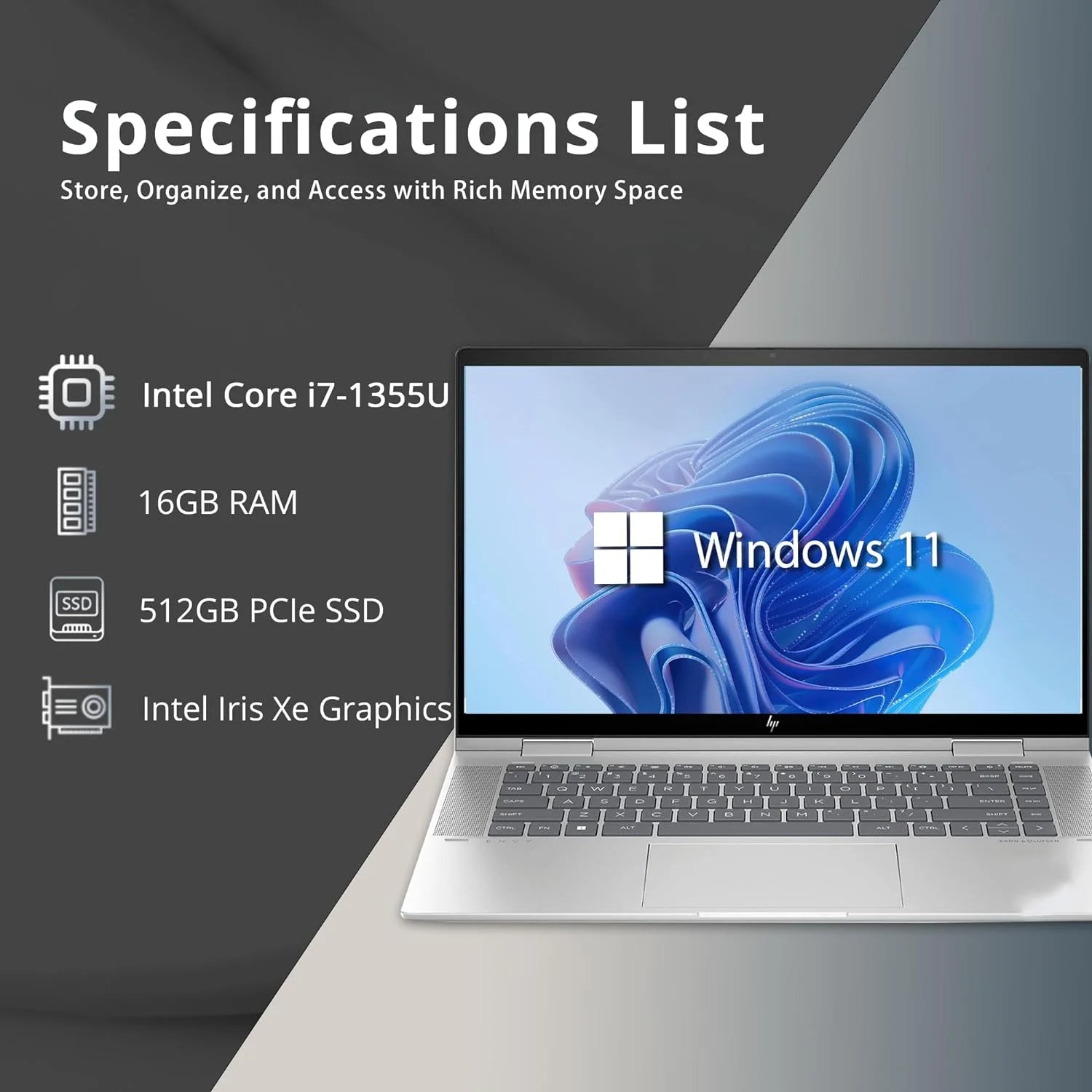 HP Envy x360 2-in-1 15.6" FHD Touchscreen Laptop, Intel Core i7-1355U, 16GB LPDDR5 RAM, 512GB SSD, Intel Iris Xe Graphics, Backlit KB, 5MP IR Camera, Win 11, Silver K793540