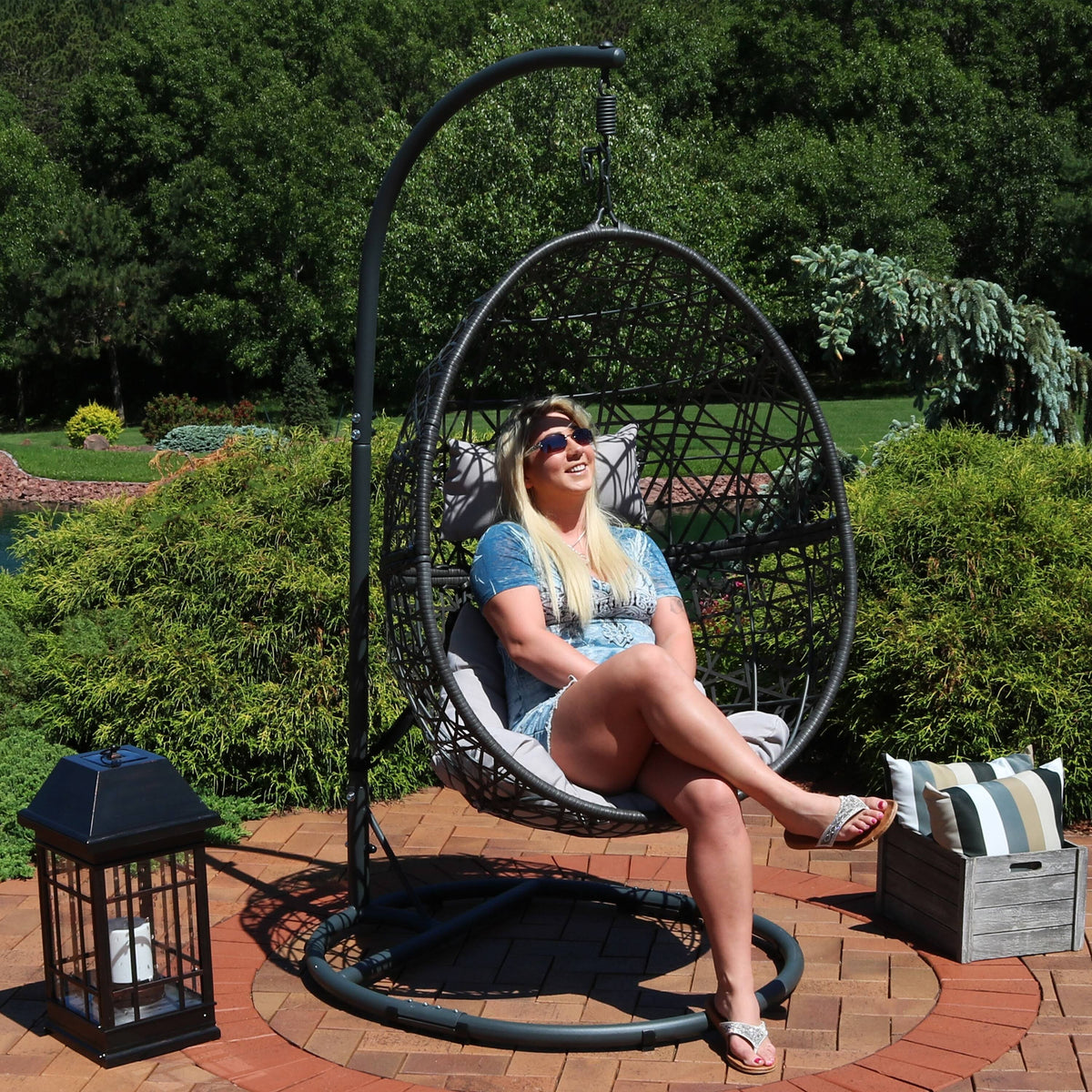 Gray Hanging Egg Chair with Stand - Resin Wicker L986