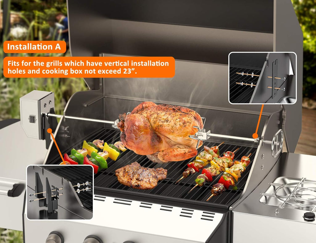 Stainless Steel Rotisserie Kit with 6 Watt 110V Electric Motor for Gas Grills, 28 × 0.35 Inch Hexagon Spit Rod Pack of 2 H788168