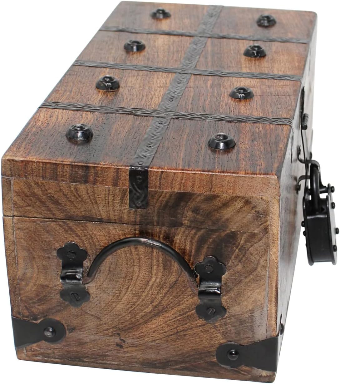 Treasure Chest Wooden Box with Antique Iron Lock and Skeleton Key, Medium 12.25 x 6 x 5.5, Pack of 2 I563