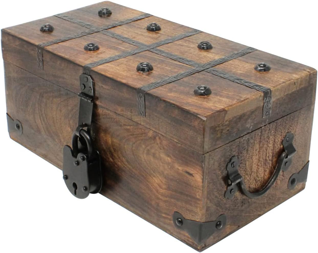 Treasure Chest Wooden Box with Antique Iron Lock and Skeleton Key, Medium 12.25 x 6 x 5.5, Pack of 2 I563