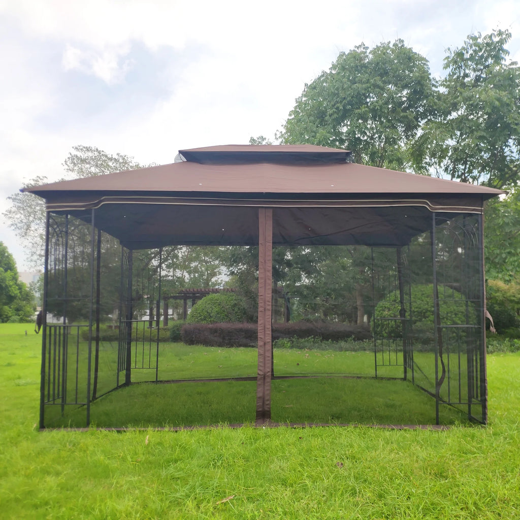 Brown Outdoor Patio Gazebo Canopy Tent with Ventilated Double Roof and Mosquito Net F844